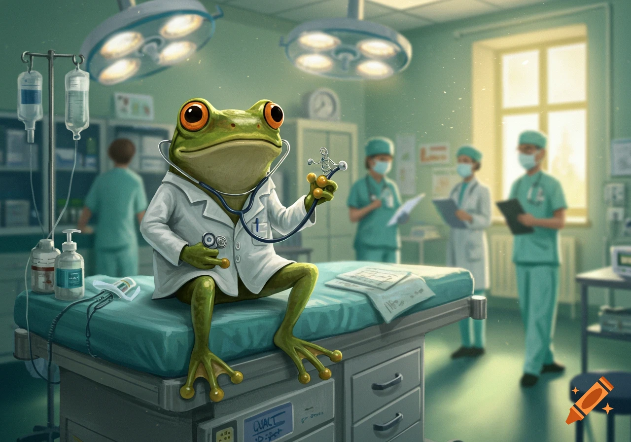 A detailed illustration of a green frog wearing a white doctor's coat and stethoscope, sitting on a hospital examination table.