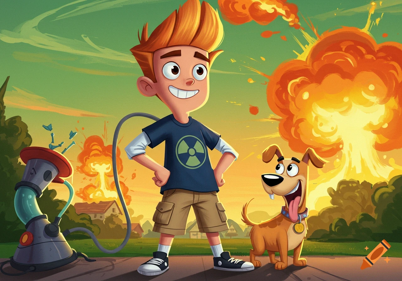 A smiling cartoon boy with spiky hair and his dog stand in front of large cartoon explosions and a science device.