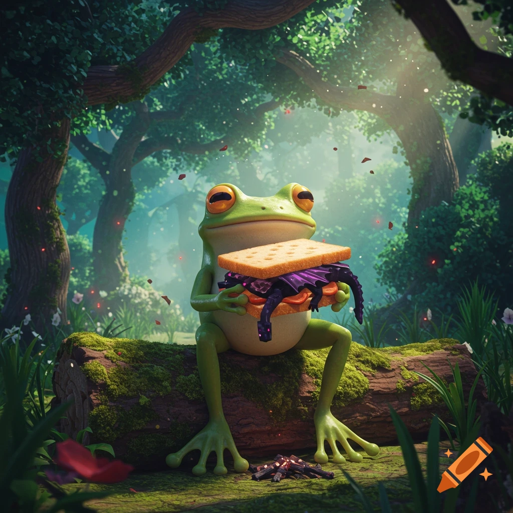A happy green cartoon frog sits on a mossy log in a magical forest, holding a sandwich with a purple ender dragon inside.