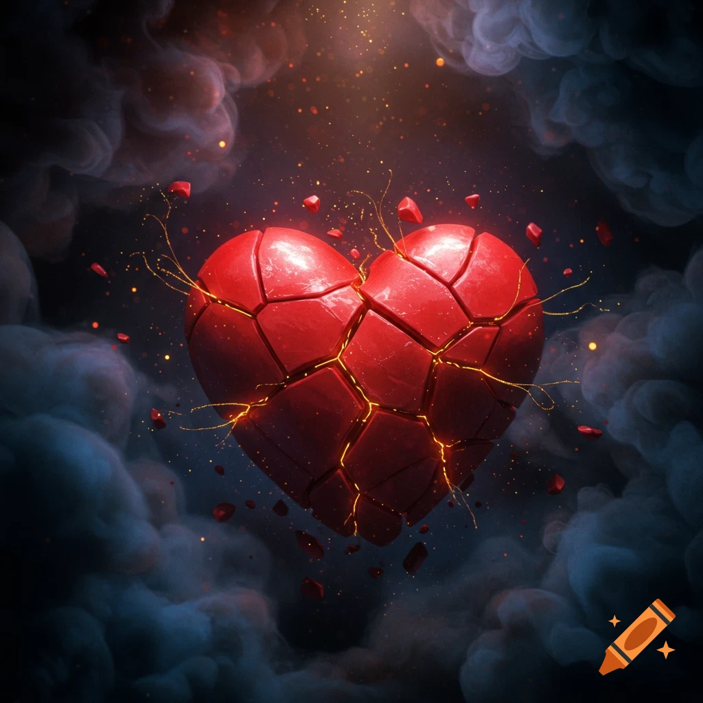 A vibrant red heart, shattered into pieces with golden glowing cracks, floats amidst dark, swirling smoke and sparkling particles.