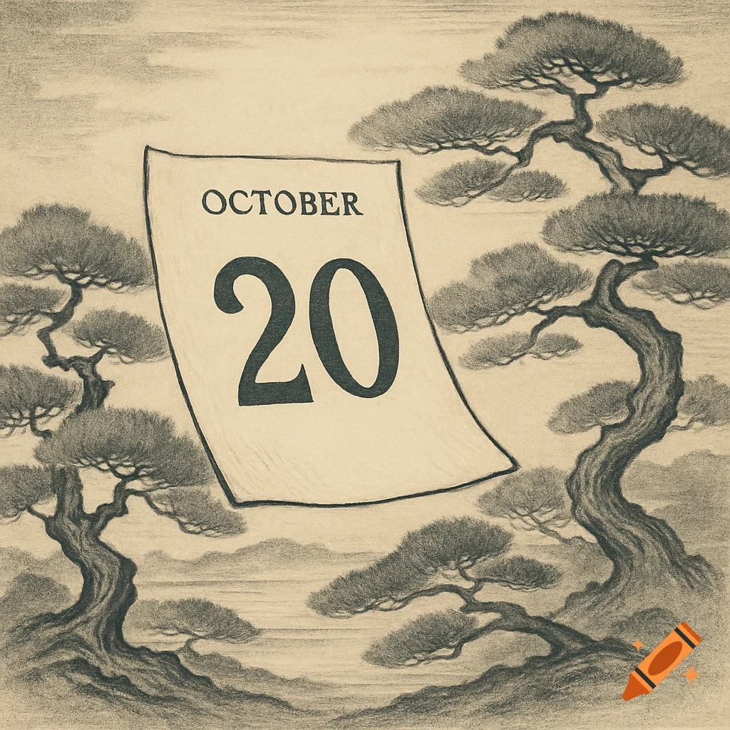 An ukiyo-e style illustration of a calendar page showing 'OCTOBER 20' amidst elegant bonsai trees in a serene, balanced composition.