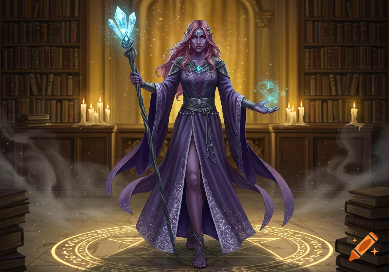 A purple-skinned mage lady with pink hair stands in a library, holding a glowing staff and casting a spell on a magical circle.
