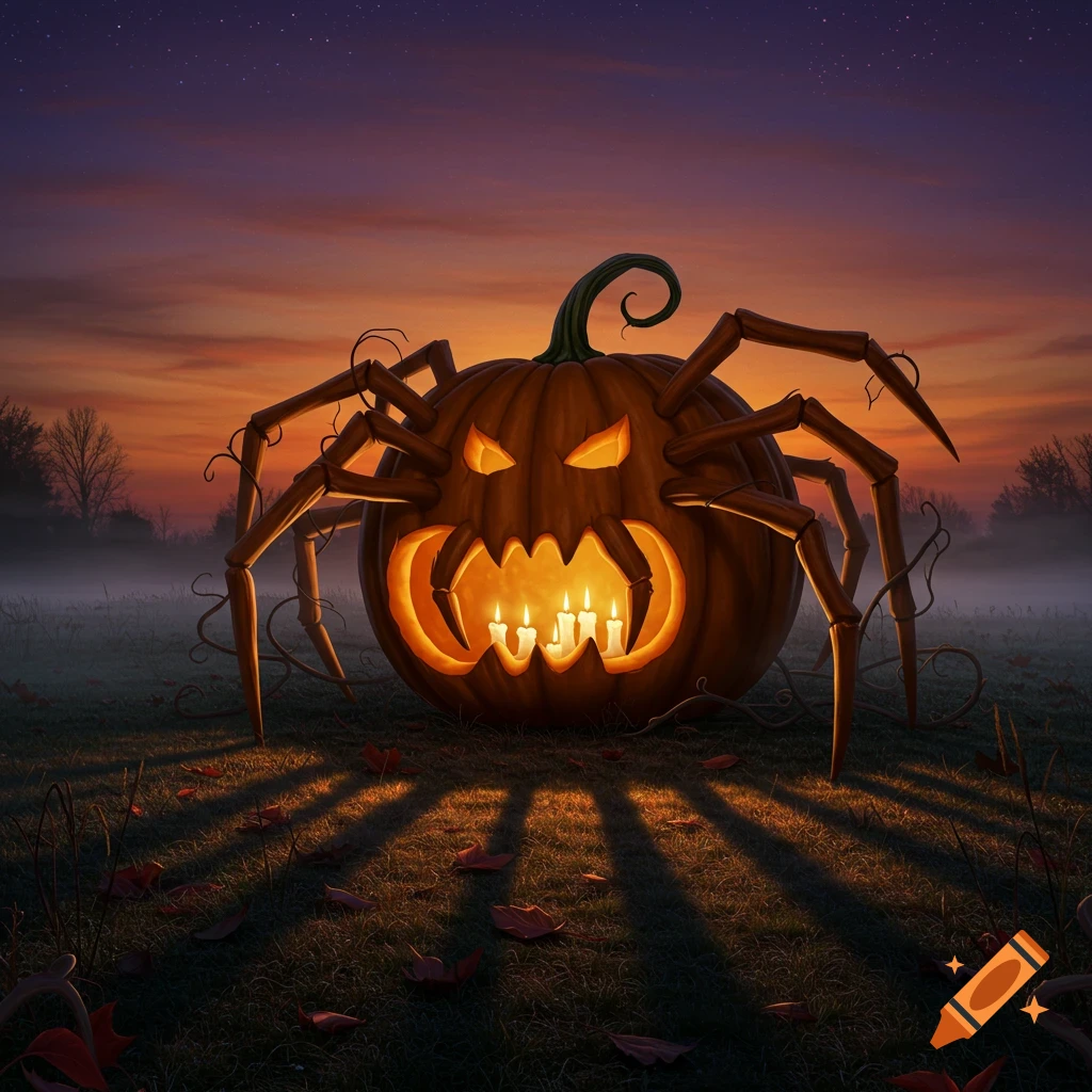 A giant, carved pumpkin with spider legs glows with candles in a misty field at dusk under a starry, purple sky.