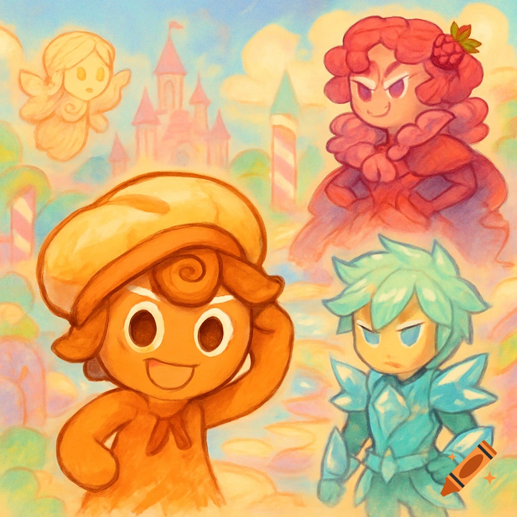 Four stylized cookie-like characters, one smiling, against a pastel fantasy background with castles and candy, in a painterly style.