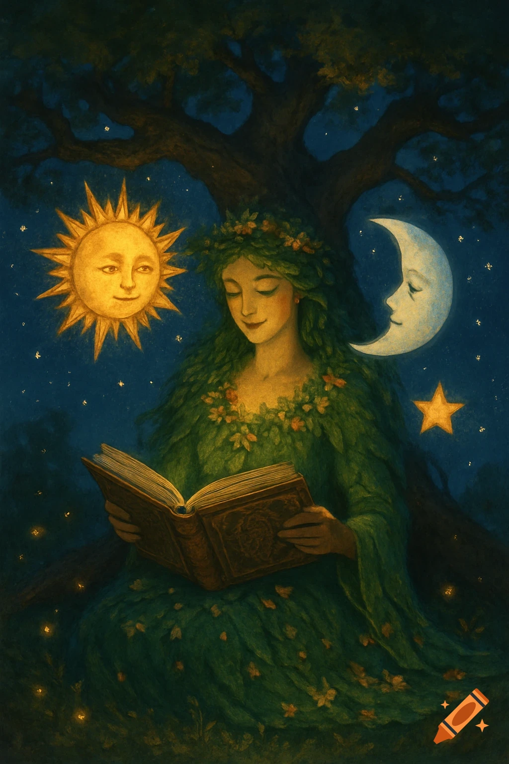 Mother Nature in a leafy dress reads a book under a tree at night, with a smiling sun, moon, and star. Painterly style.