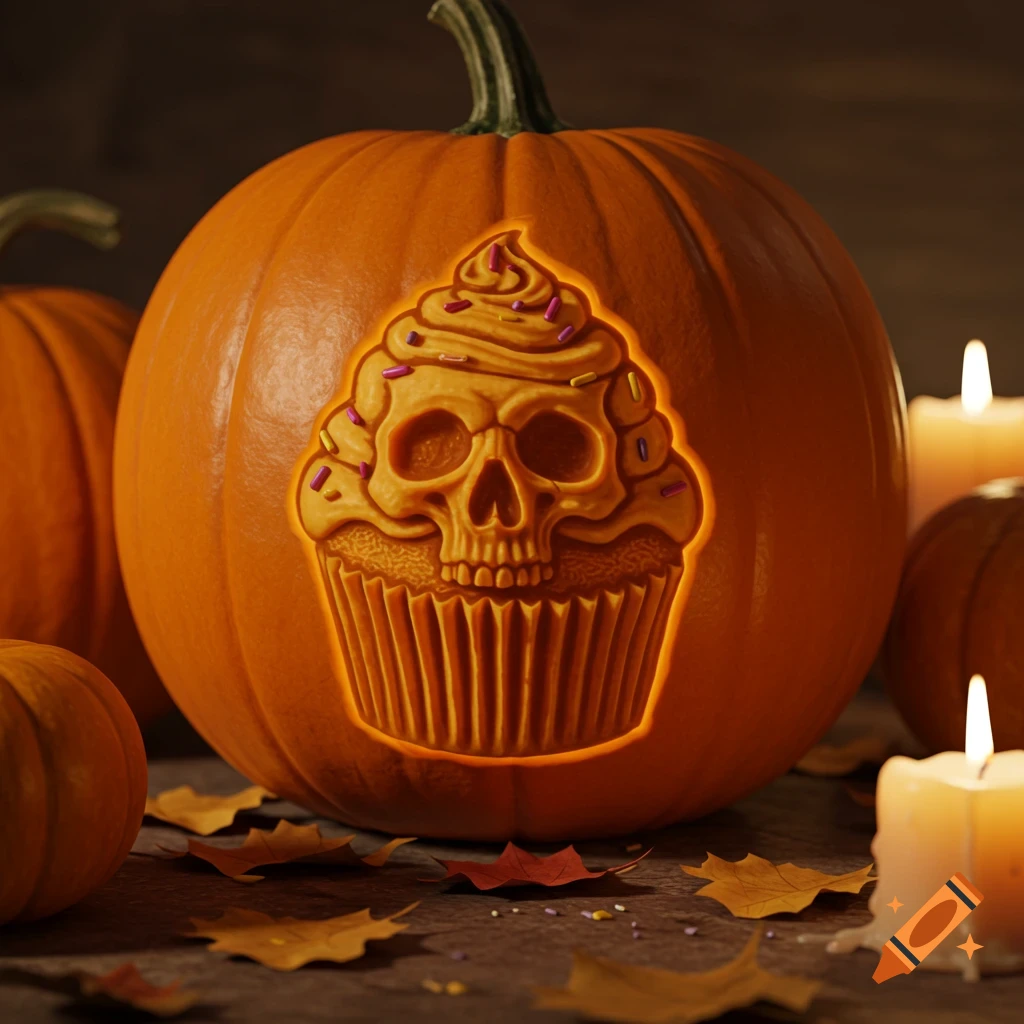 A carved Halloween pumpkin glows with a skull cupcake design, surrounded by autumn leaves and lit candles.