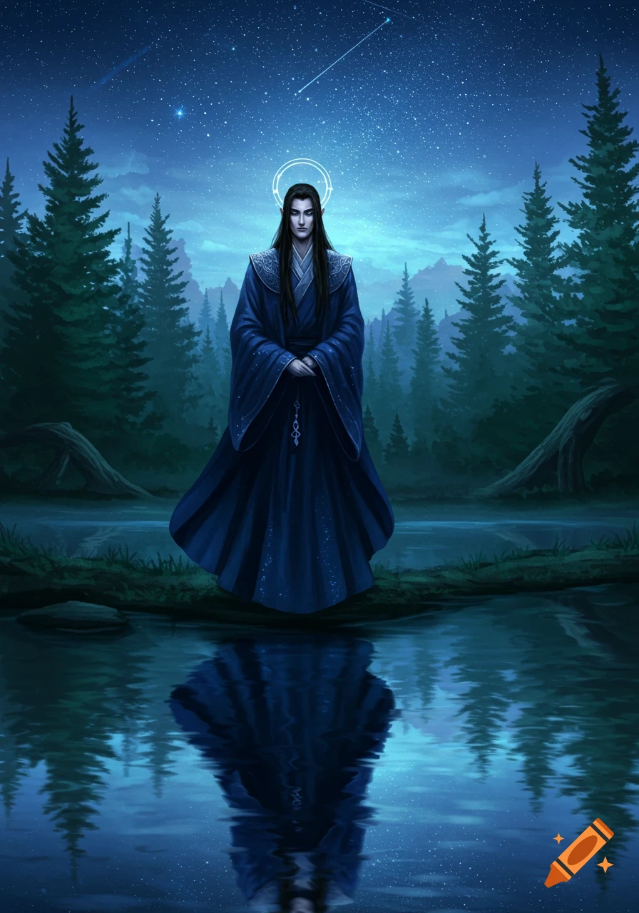 An elf-like figure in a blue robe stands by still water in a night forest, under a starry sky with a shooting star, digital painting.