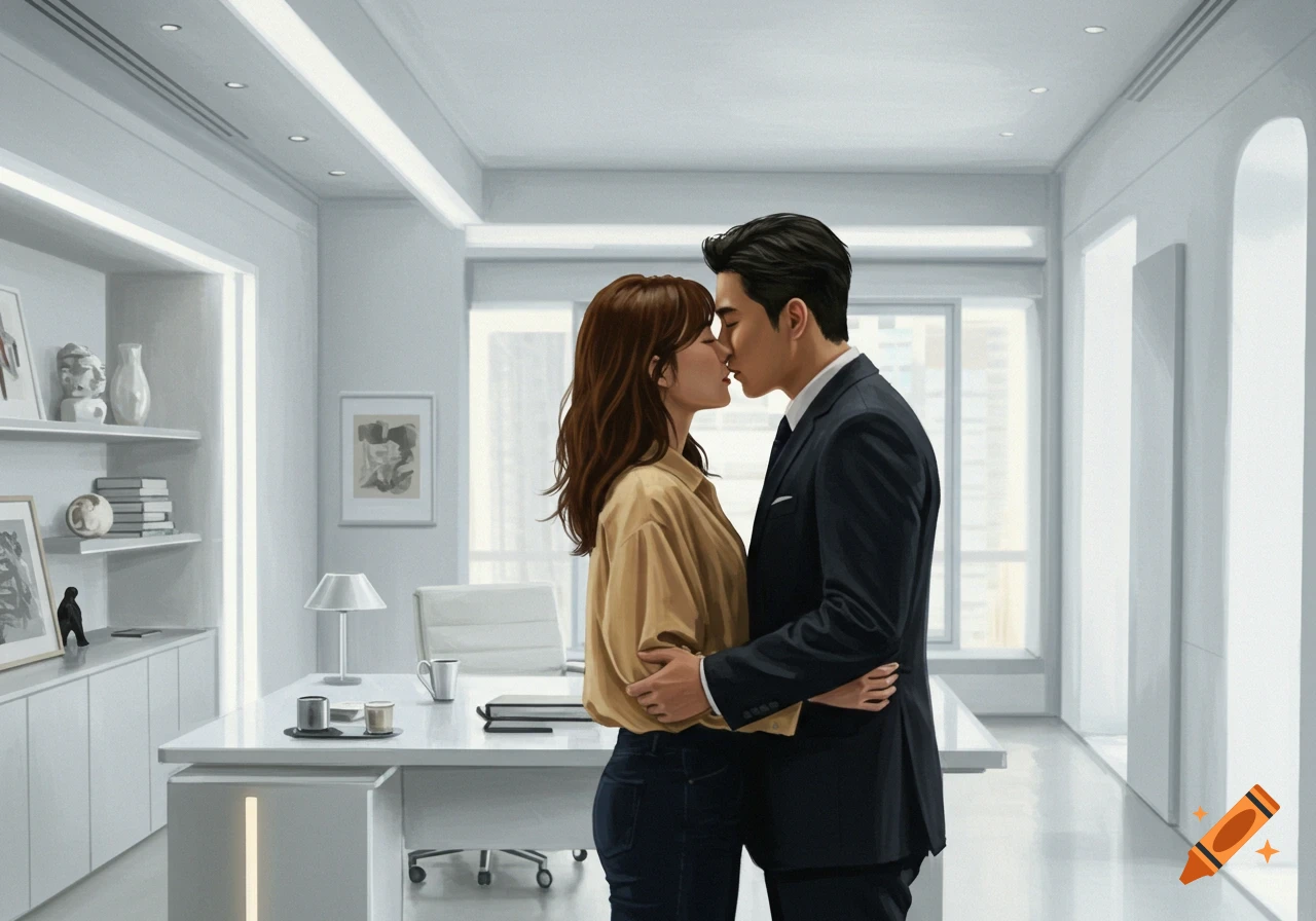 A man and a woman kiss passionately in a modern white office.