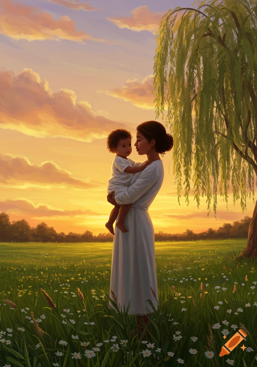 An illustration of a mother holding her child in a field at sunset, with a weeping willow tree to the right.