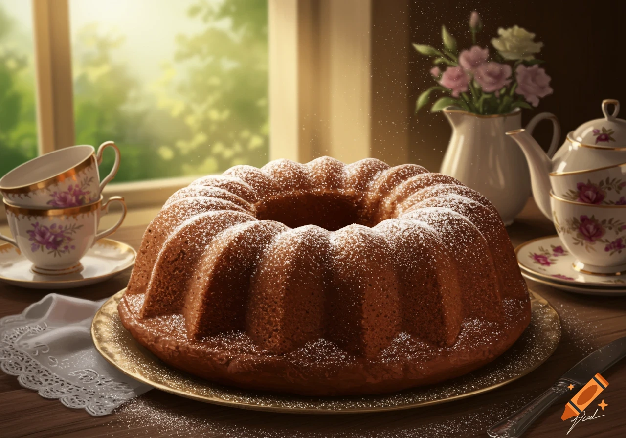 A photorealistic brown bundt cake, dusted with powdered sugar, sits on a gold plate with a tea set and flowers by a sunny window.