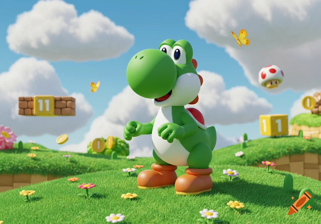 Yoshi stands in a vibrant cartoon landscape with coins, blocks, butterflies, and flowers under a blue sky with fluffy clouds.