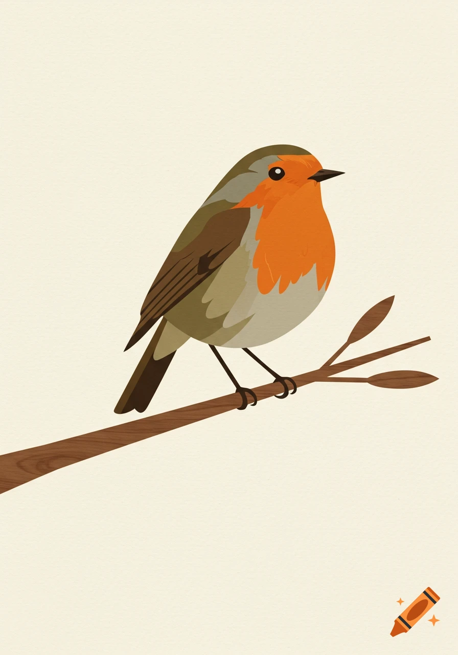 A mid century modern illustration of a robin with an orange breast and brown wings, perched on a branch against a light background.