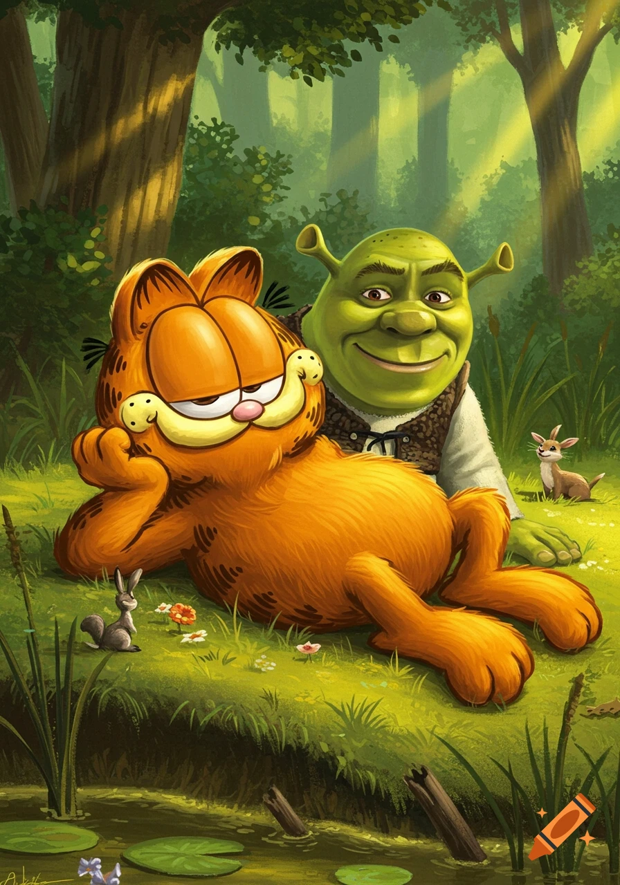 Cartoon Garfield lounges in a forest with Shrek smiling behind him, a rabbit and deer in the background.