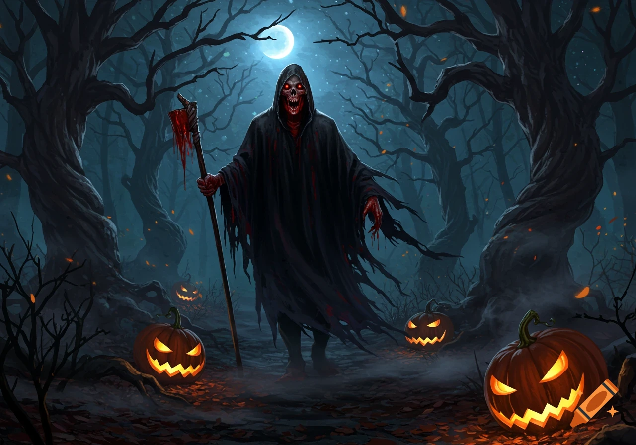 A menacing hooded figure with glowing red eyes and bloody hands holds a staff in a dark, twisted forest with glowing jack-o'-lanterns.