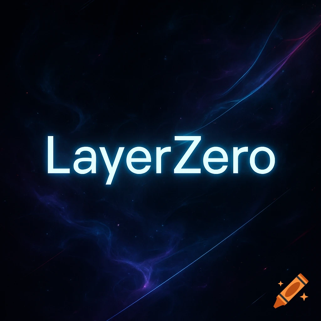 Glowing 'LayerZero' text in sleek typography against a dark, mysterious cosmic background with blue and purple nebulae.