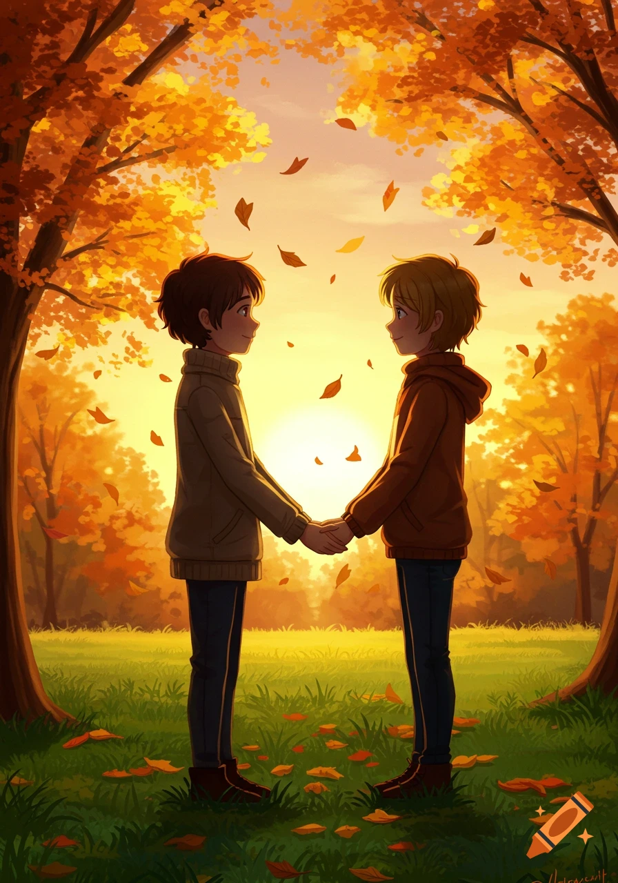 Two cartoon boys holding hands in a vibrant autumn forest with falling orange leaves and a glowing sunset, in an anime style.