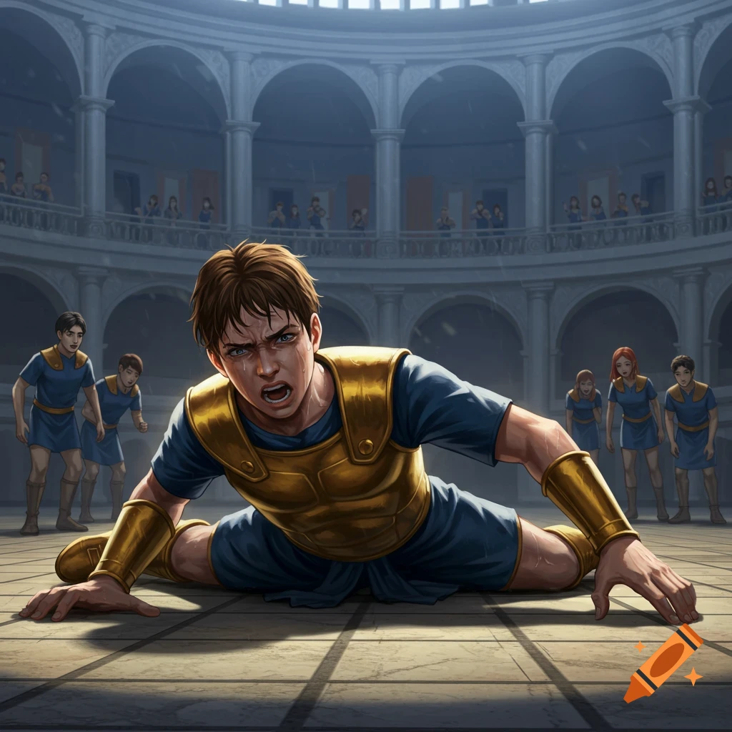 A young male protagonist in an arena, lying on the ground in pain, surrounded by other students in an animated illustration style.