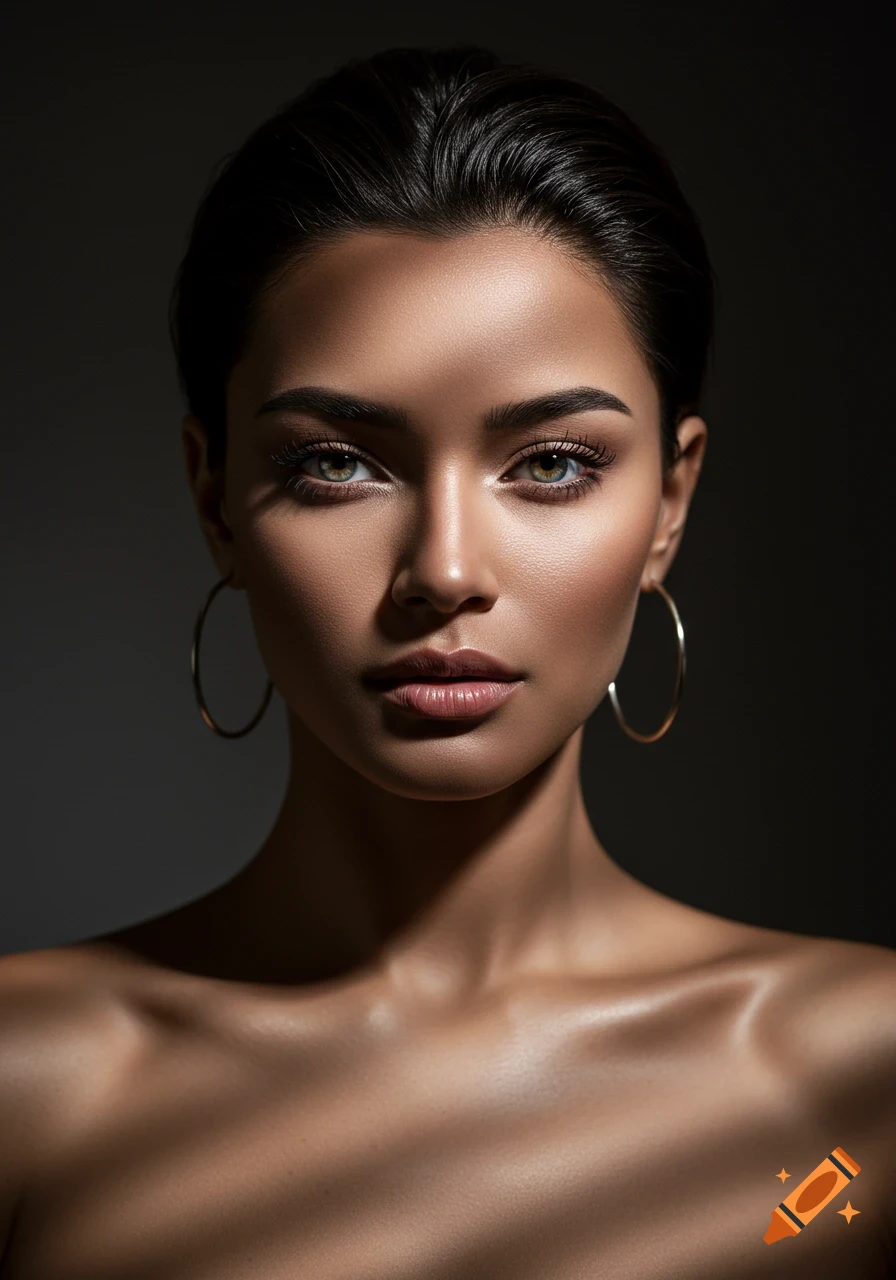 Hyperrealistic studio portrait of a beautiful woman with dark hair and green eyes, featuring dramatic shadows.