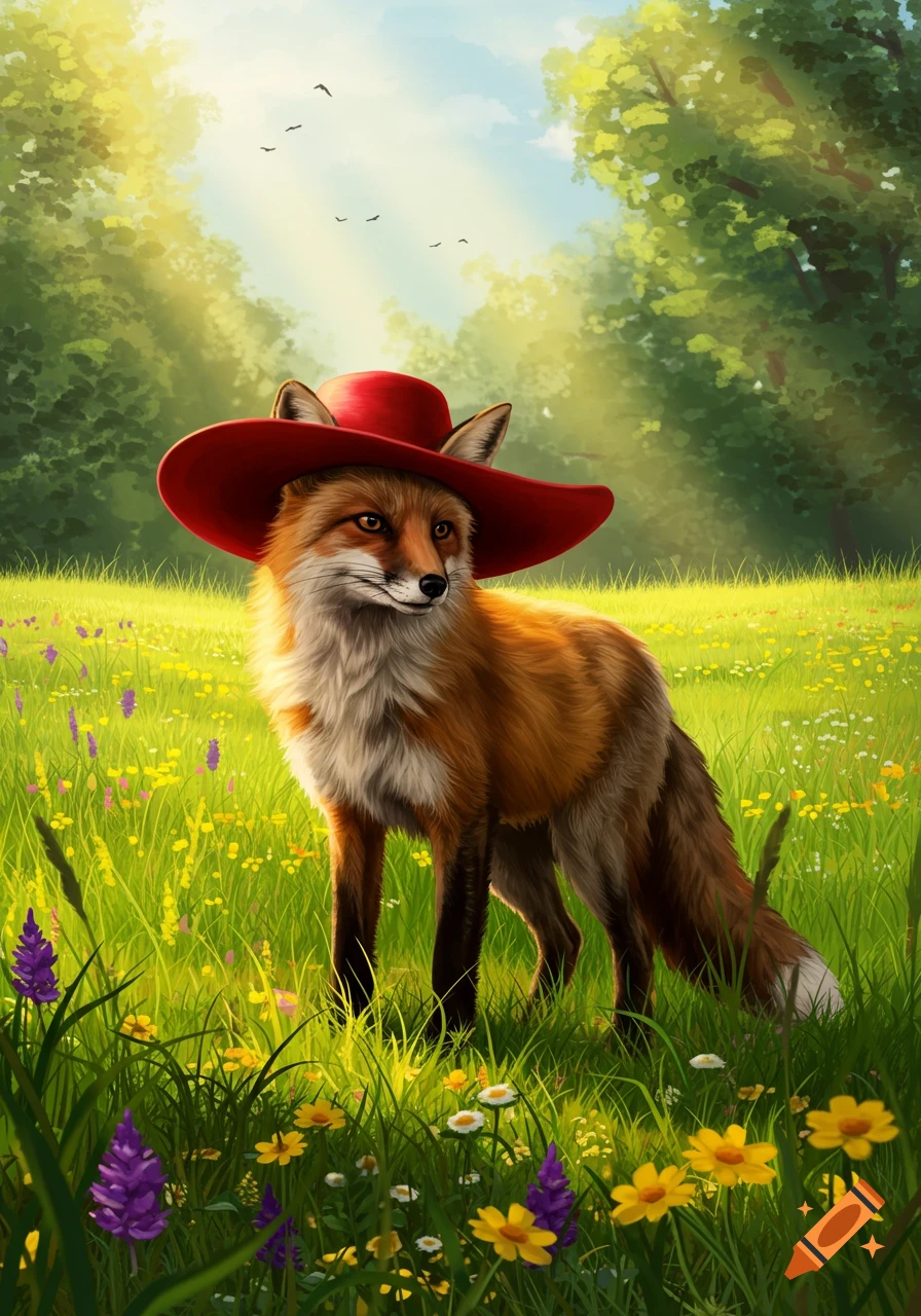 A fox wearing a red hat stands in a sunny, vibrant green field filled with yellow and purple wildflowers. Digital art.
