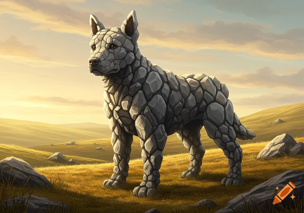 A large creature resembling a dog made of grey rocks stands in a golden grassy field under a cloudy sky, in an illustrative style.