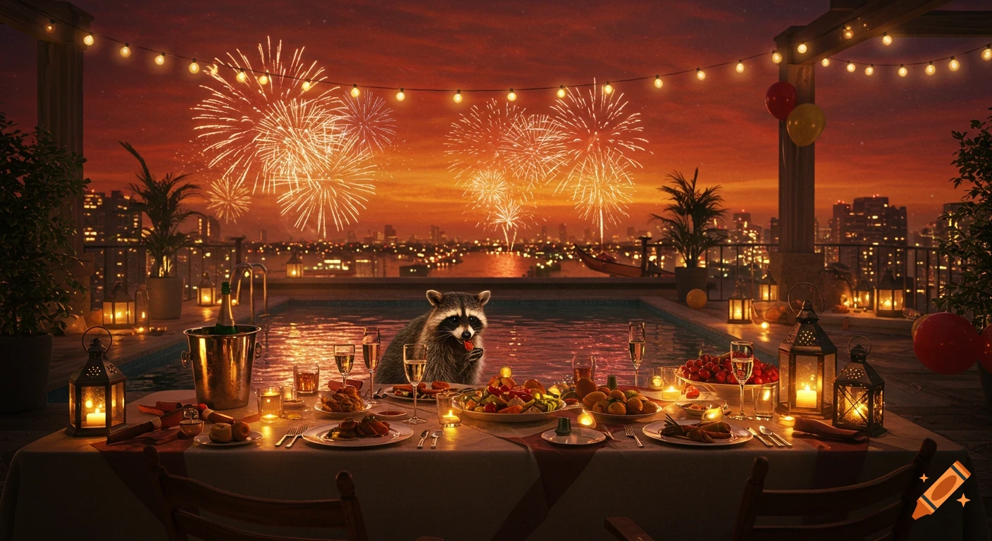A photorealistic raccoon eats food at a luxurious rooftop party with a pool, overlooking a city skyline with fireworks at sunset.