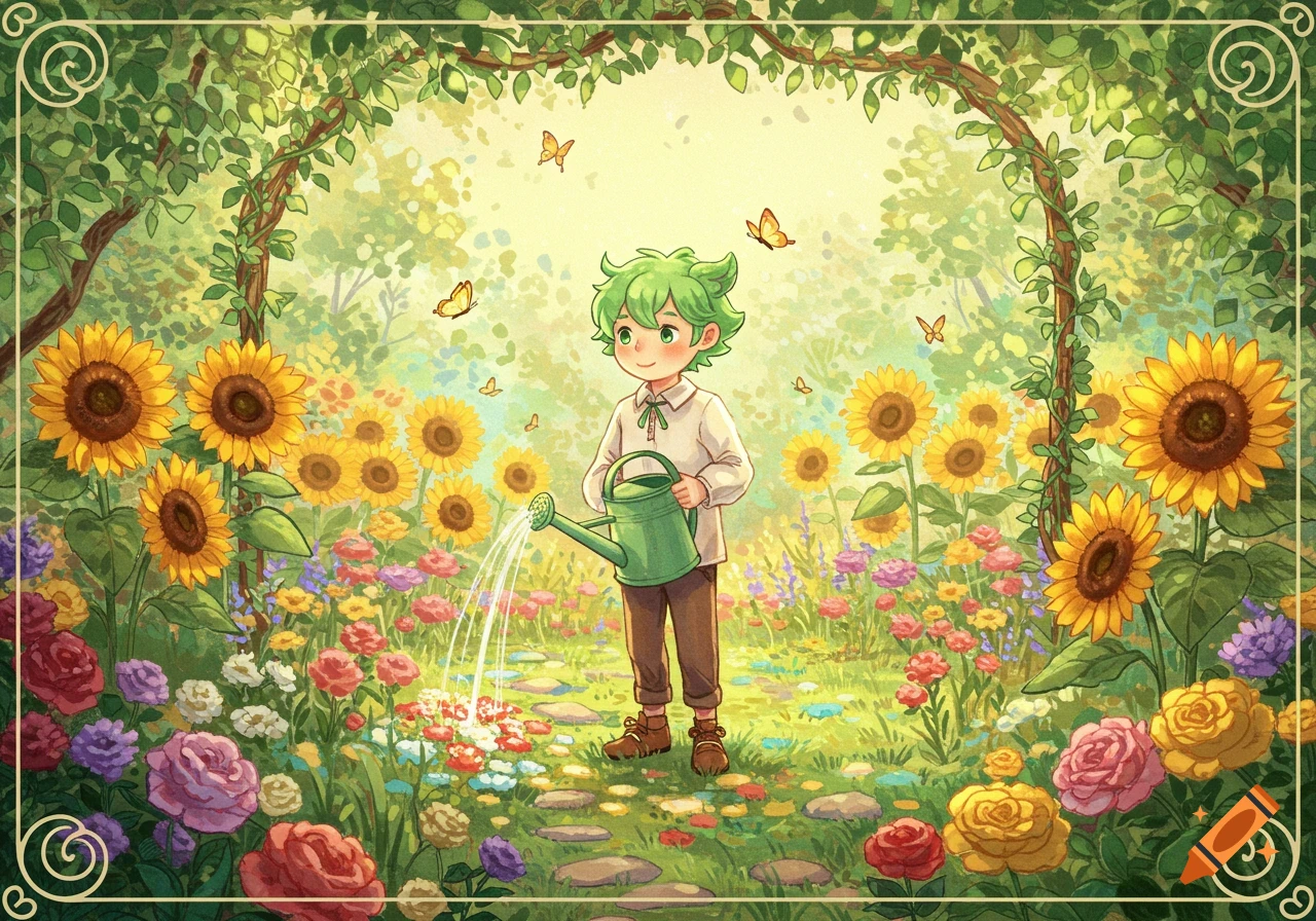 An anime-style image of a boy with green hair watering a vibrant garden with sunflowers and roses under a leafy arch, with butterflies flying.