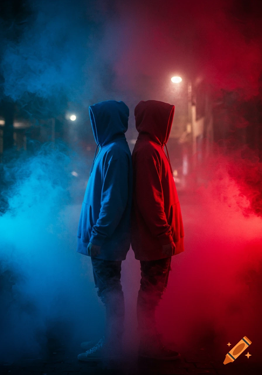 Two hooded figures stand back to back in an urban alley, engulfed in vibrant blue and red smoke under streetlights.