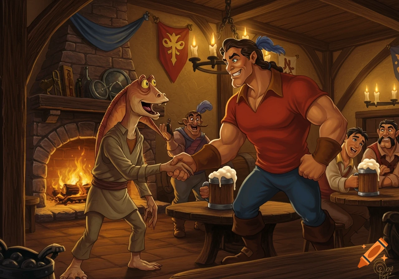 Jar Jar Binks and Gaston shake hands in a lively, animated tavern with a fireplace and other patrons.