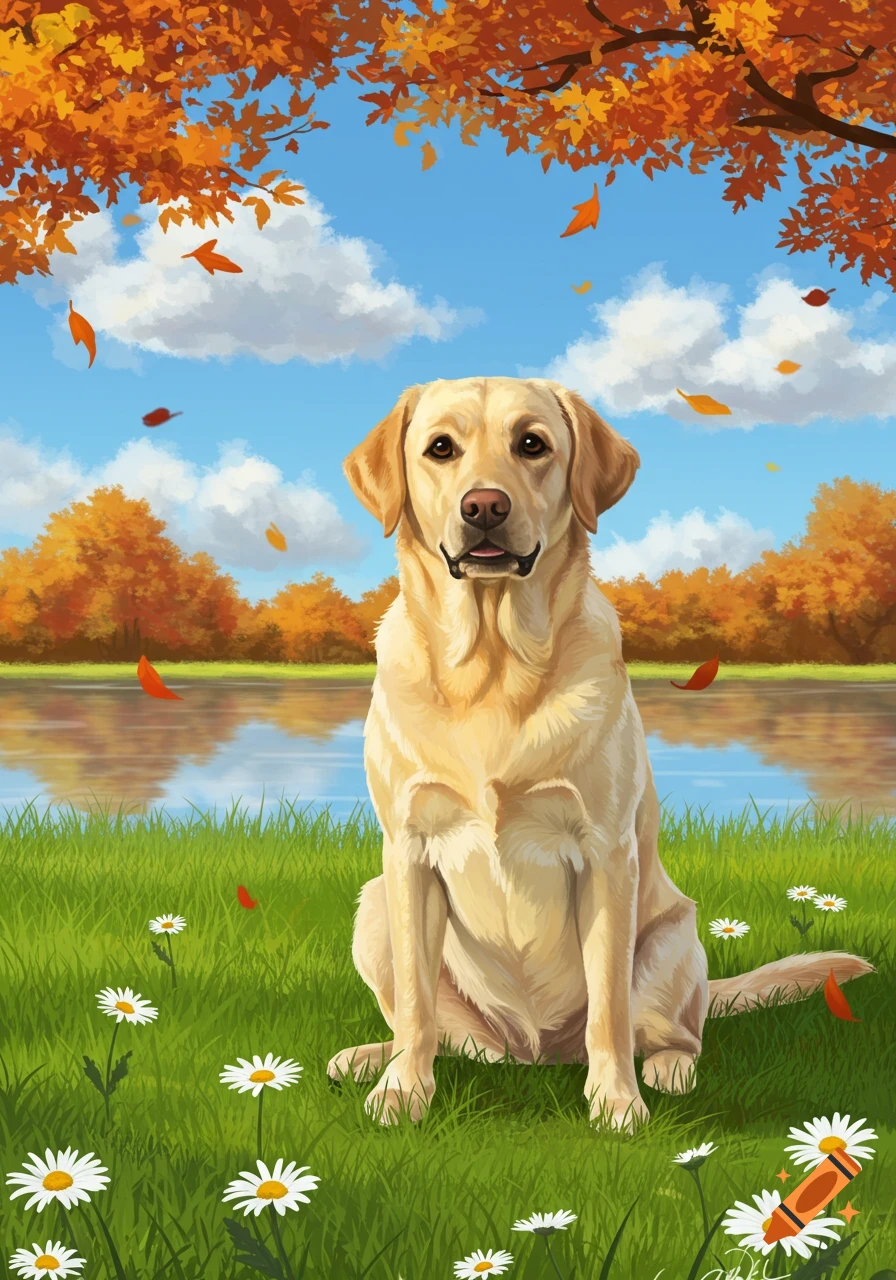 Blonde Labrador sits in a field of white daisies by a lake with orange autumn trees and falling leaves under a blue sky, illustration.