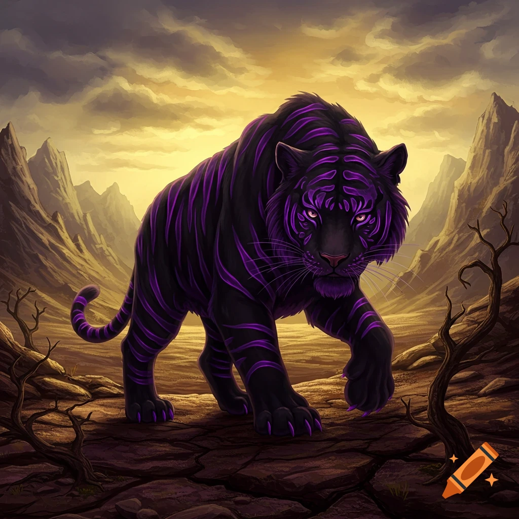 A black tiger with glowing purple stripes walks through a barren, rocky landscape under a golden, cloudy sky, in a digital art style.
