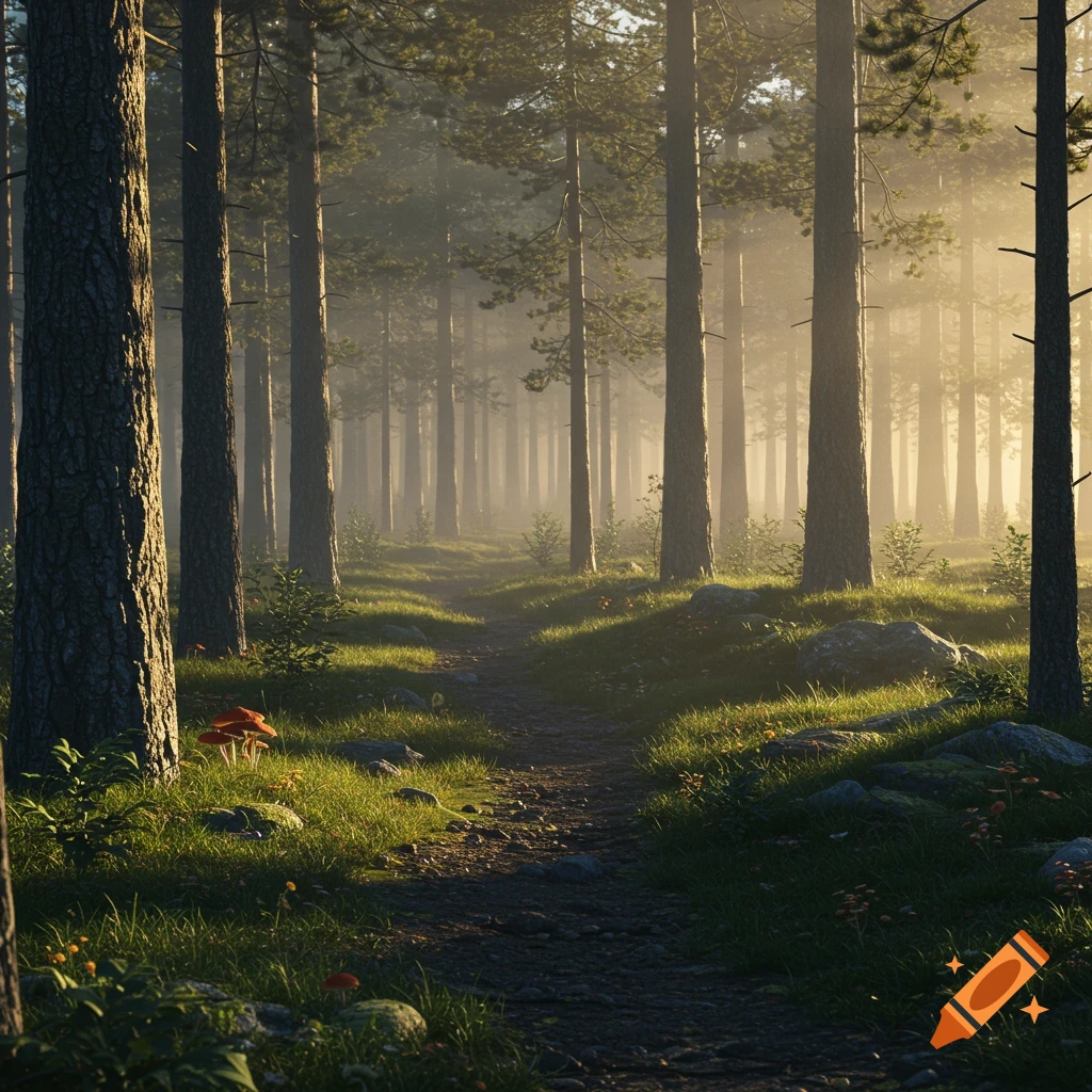 A sunlit forest path winds through tall pine trees, with light rays filtering through the misty woods.