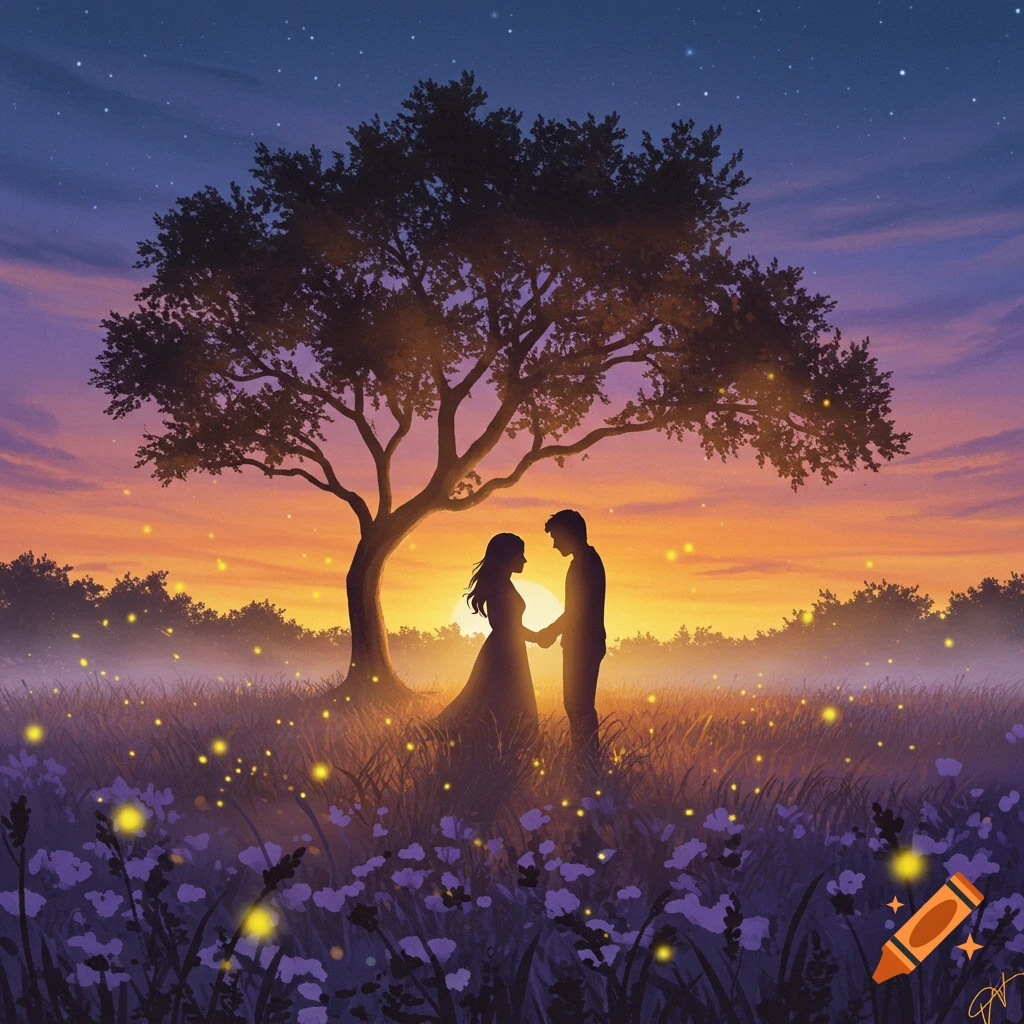 Silhouettes of a couple holding hands under a large tree in a field of flowers and fireflies at a vibrant sunset.