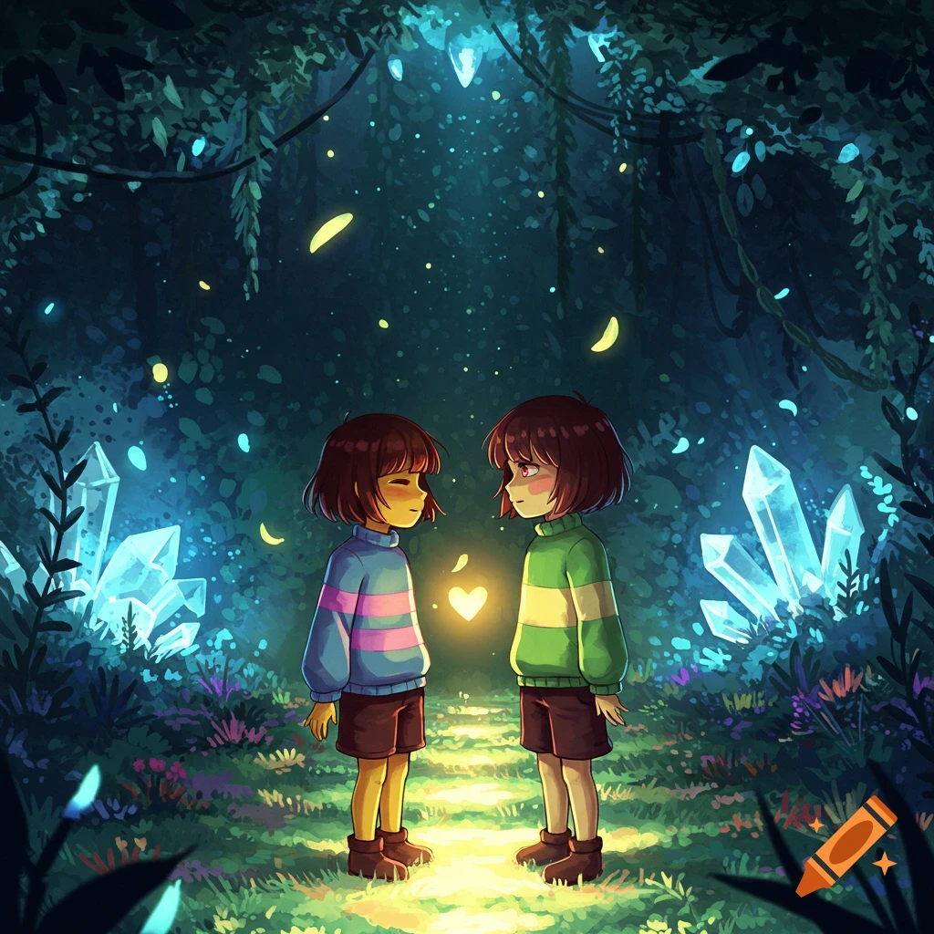Anime-style characters Frisk and Chara standing in a glowing fantasy forest with large crystals.