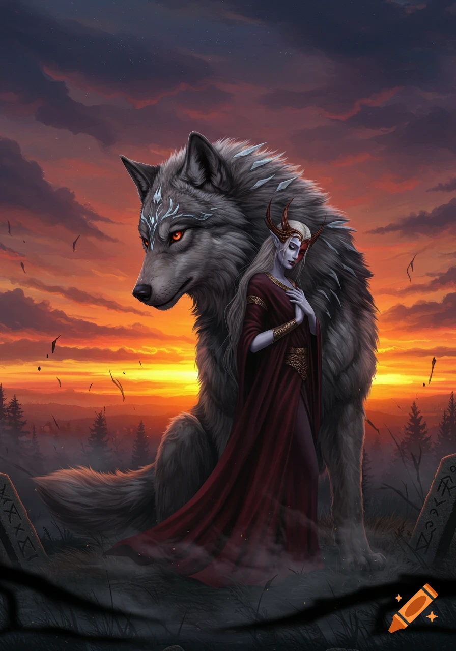 A massive grey wolf with glowing orange eyes stands behind a pale woman in a dark red gown and horned headpiece, under a vibrant orange and purple sundown sky.