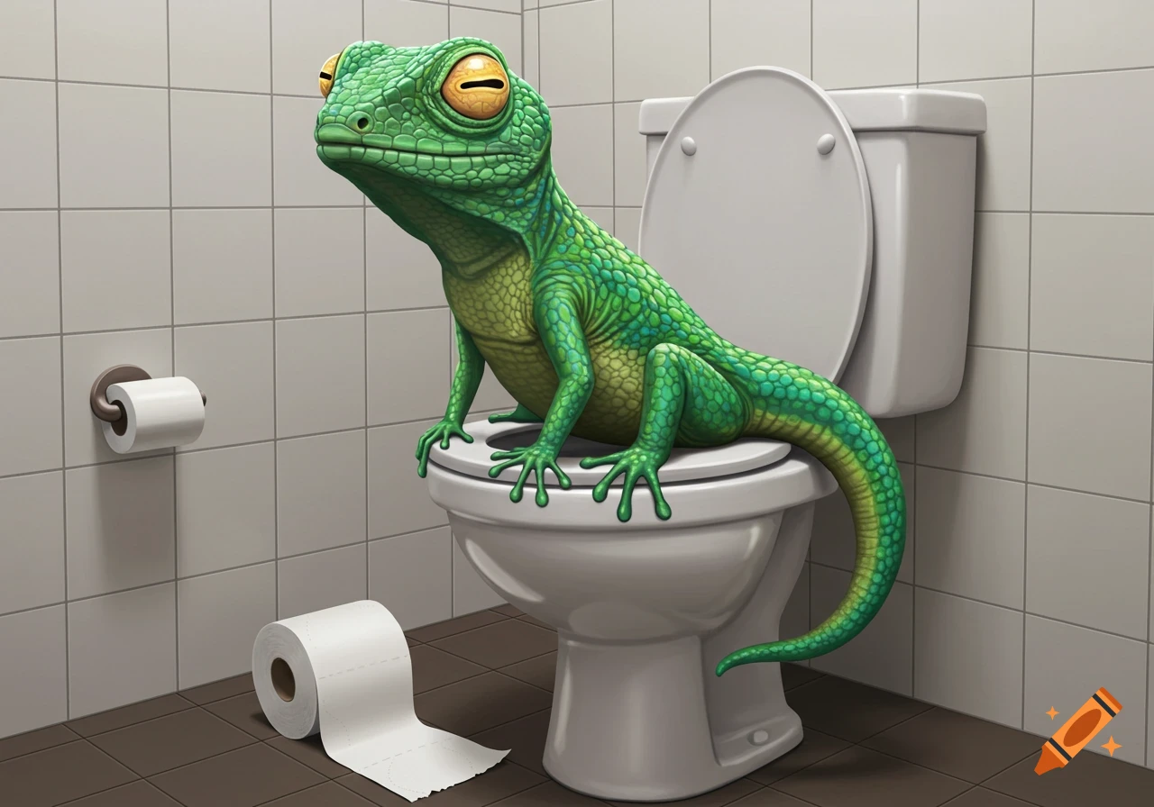 A vibrant green cartoon lizard with large orange eyes sits on a toilet in a tiled bathroom, with a roll of toilet paper on the floor.