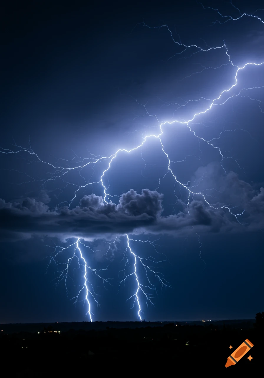 Multiple bright lightning bolts illuminate a dark, stormy night sky over a silhouetted landscape.