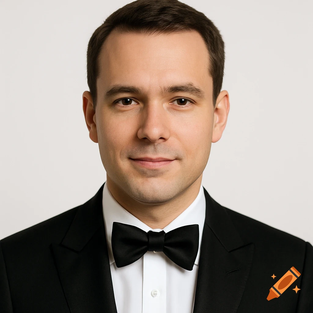 Professional headshot of a man in a black tuxedo and bow tie against a white background.