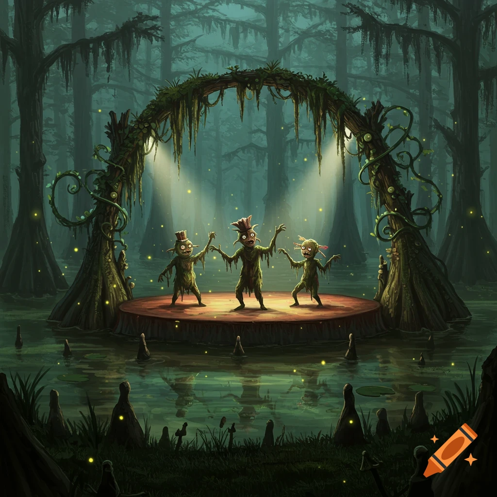 Three mossy, goblin-like creatures perform on a spotlighted stage in a dark, misty fantasy swamp with fireflies.