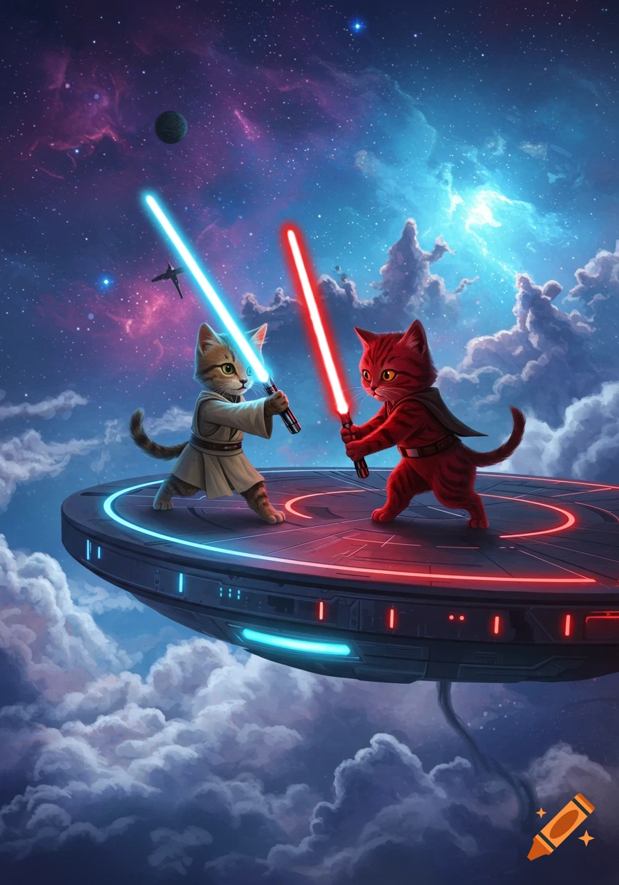 Cartoon Jedi kitten fighting a Sith kitten with lightsabers on a floating platform in a starry, cloudy sky.