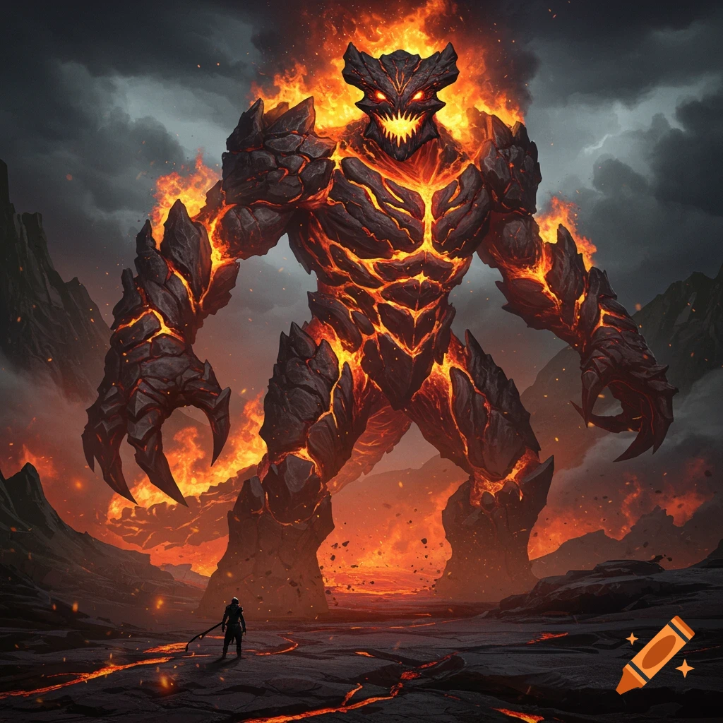 A giant, fiery lava monster with glowing eyes towers over a small warrior in a desolate, volcanic landscape under a stormy sky, digital art.