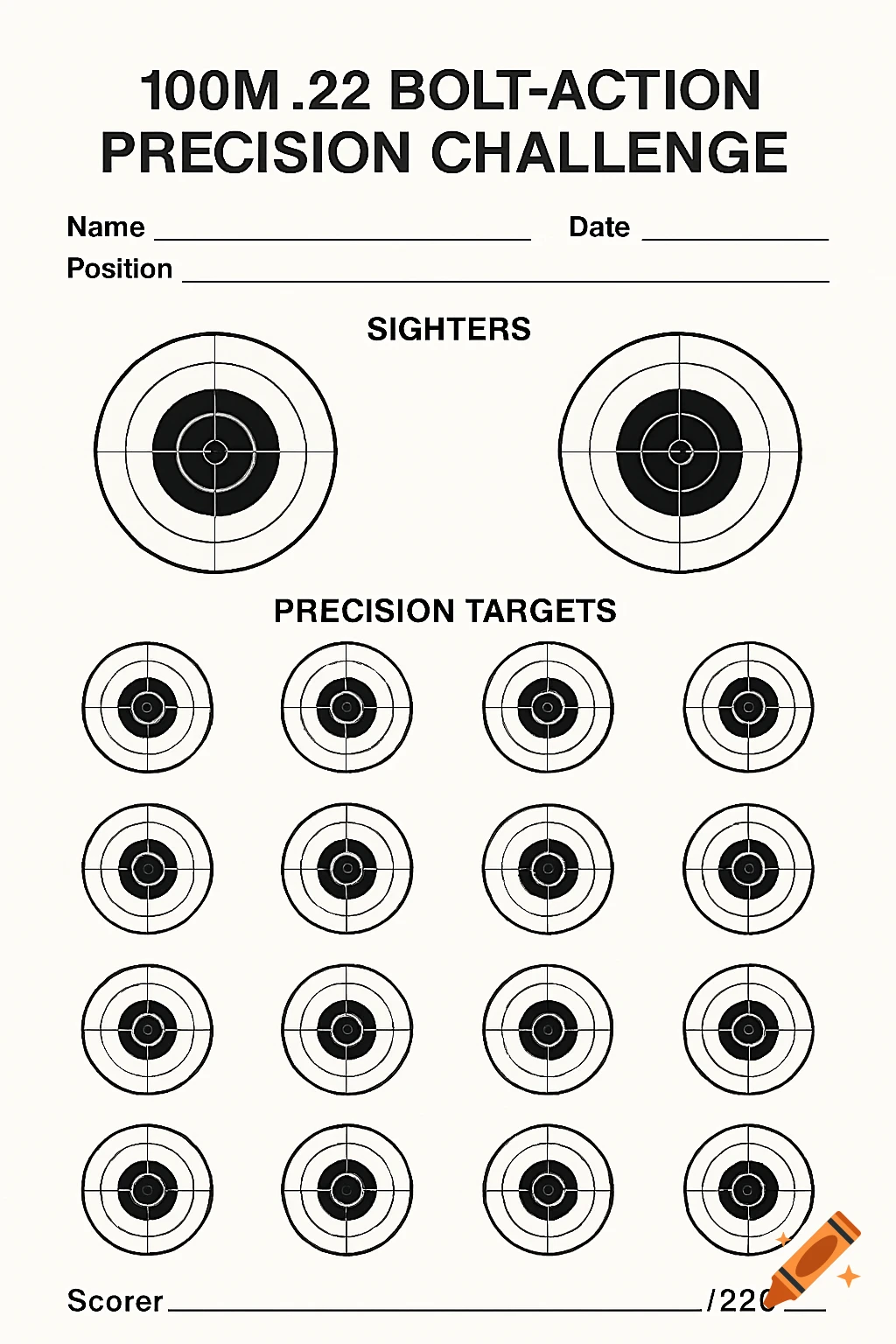 A black and white paper shooting target sheet with a title, fields for name, date, and position, two large sighter targets, and fifteen smaller precision targets.