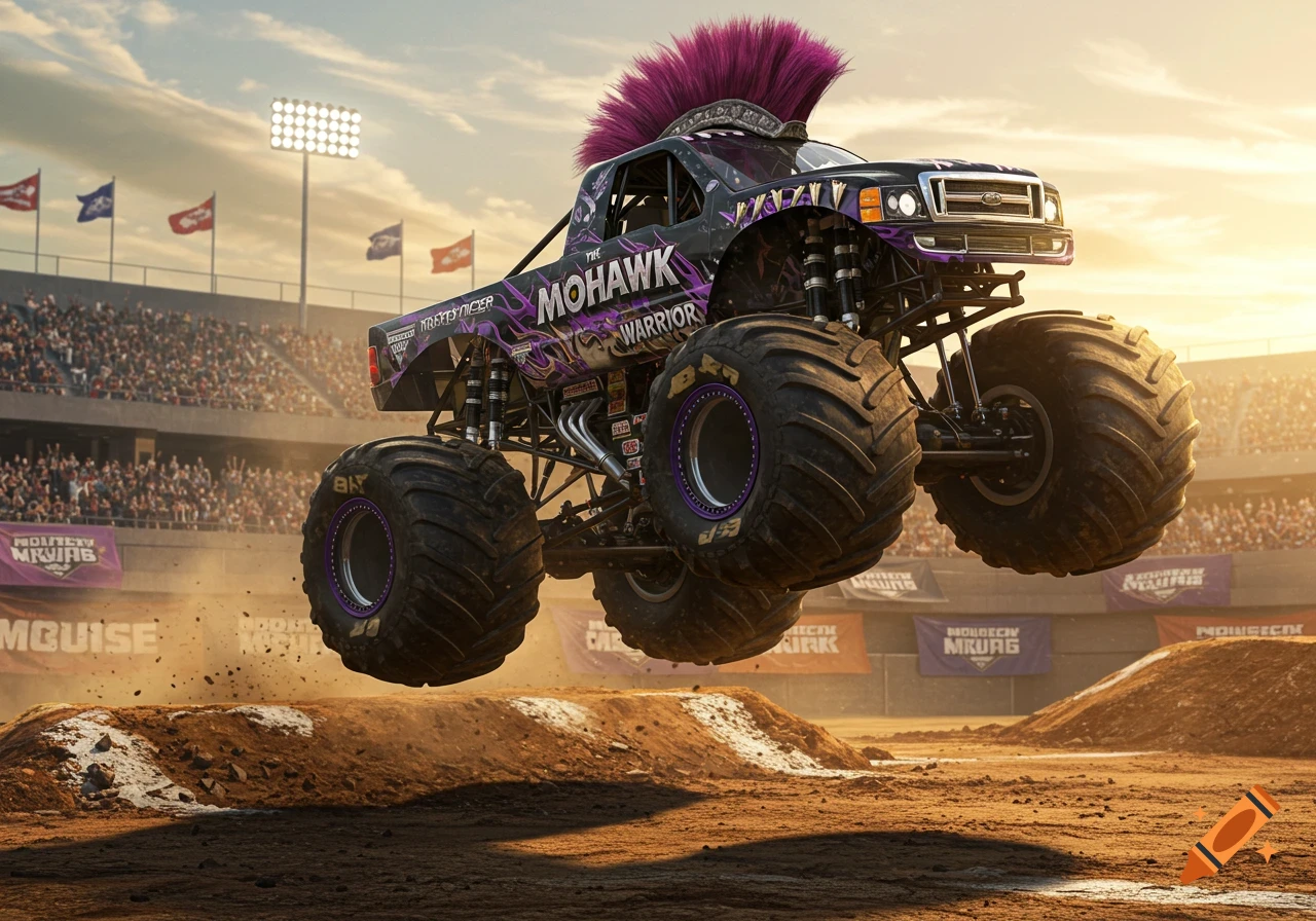 A purple monster truck with a pink mohawk and 'THE MOHAWK WARRIOR' text jumps over a dirt ramp in a stadium.