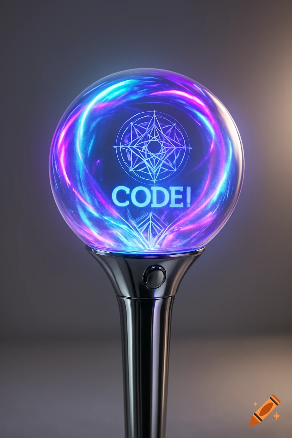 A photorealistic K-pop lightstick with a transparent orb glowing with blue and purple energy, displaying a geometric symbol and the word 'CODE!'.
