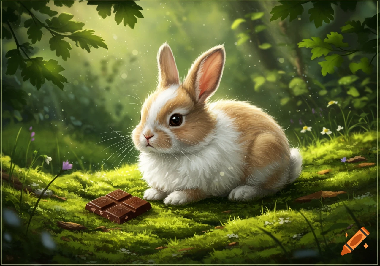 A fluffy brown and white rabbit sits on moss next to a chocolate bar in a sun-dappled magical forest, digital illustration.