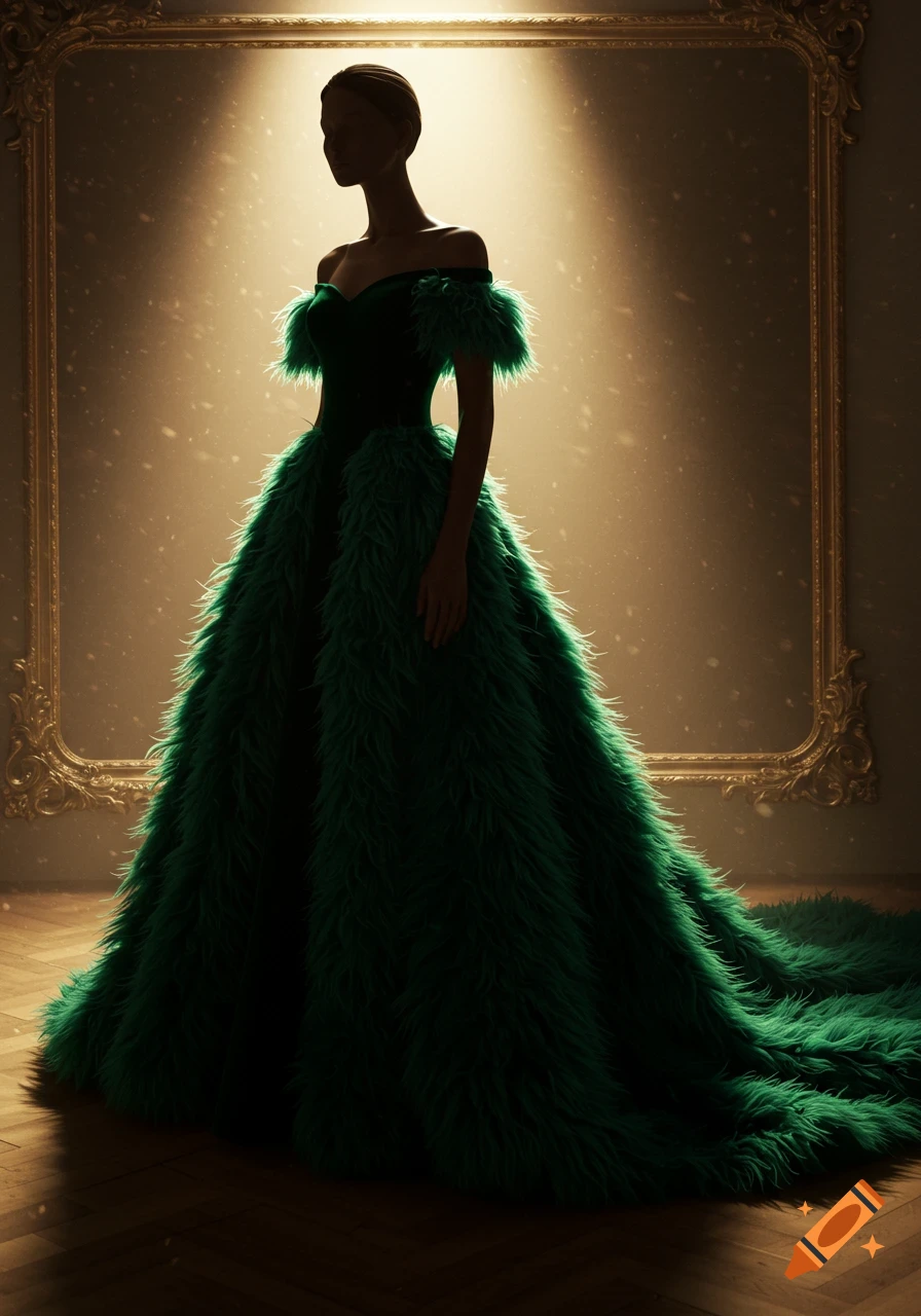 Silhouette of a person in a dramatic emerald green, off-the-shoulder, furry gown with a voluminous skirt and train, under a spotlight in a room with an ornate golden mirror frame.