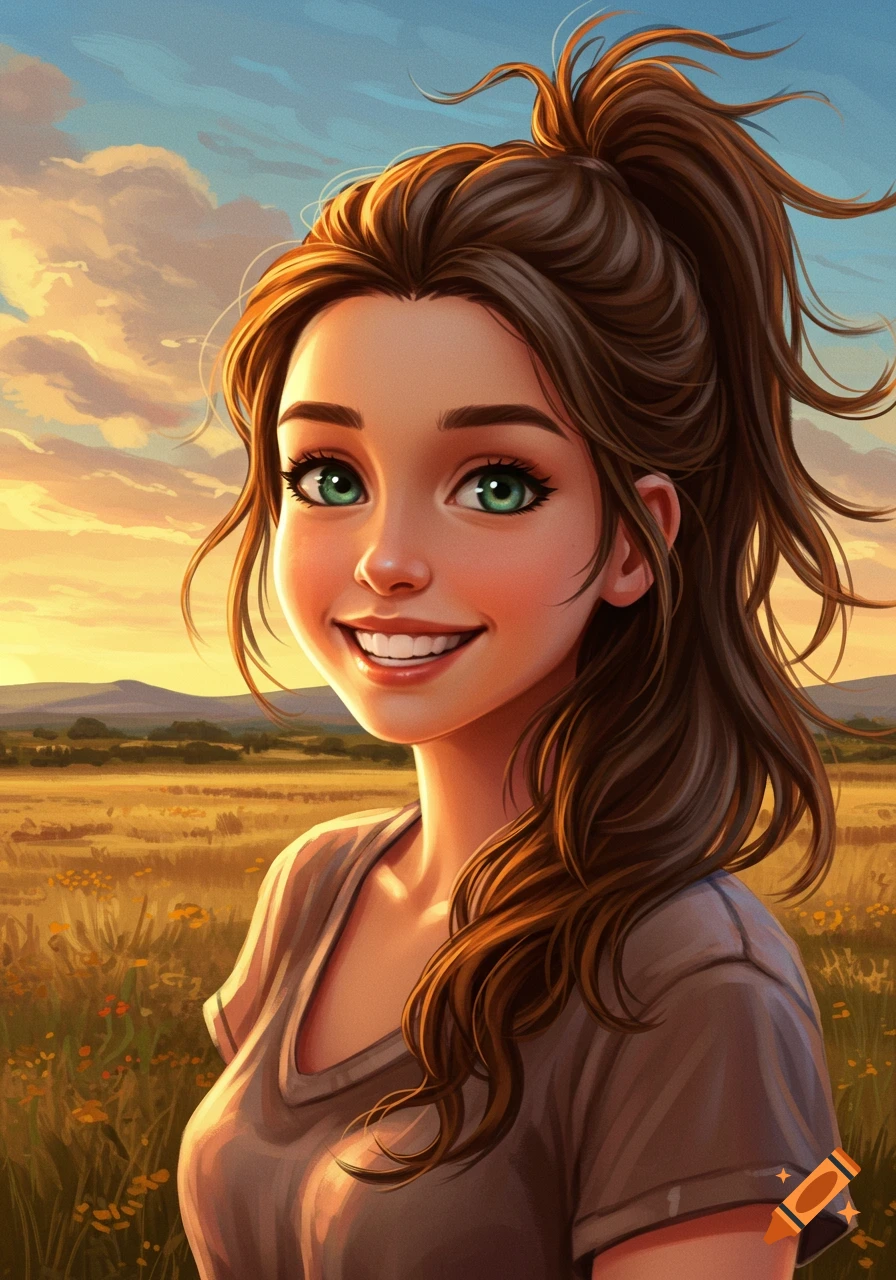 Smiling woman with brown ponytail and green eyes in a sunlit field, digital illustration.