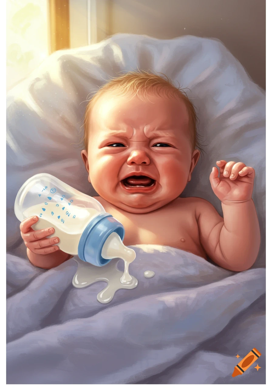 A crying baby lies in bed, clutching a milk bottle with spilled milk, rendered in a warm, illustrative style.