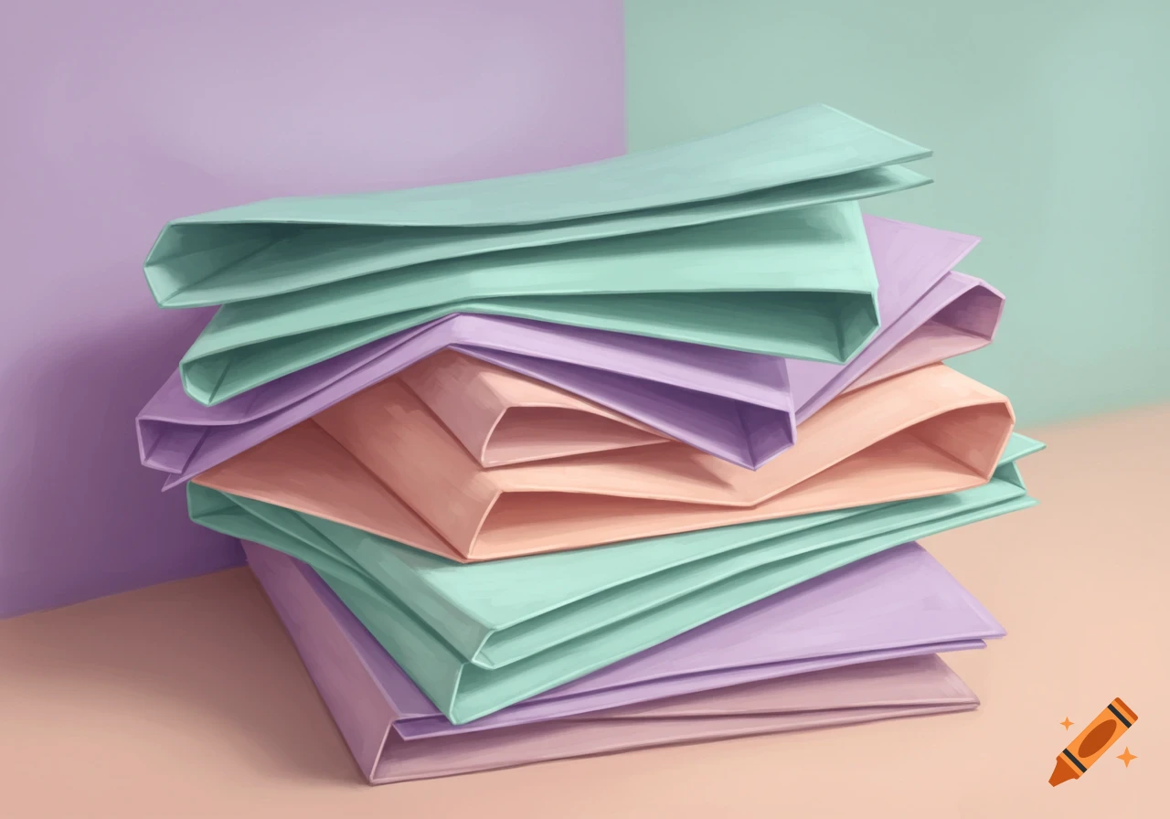 A digitally painted still life of a messy stack of pastel-colored paper, including mint green, lavender, and peach, against a split pastel background.