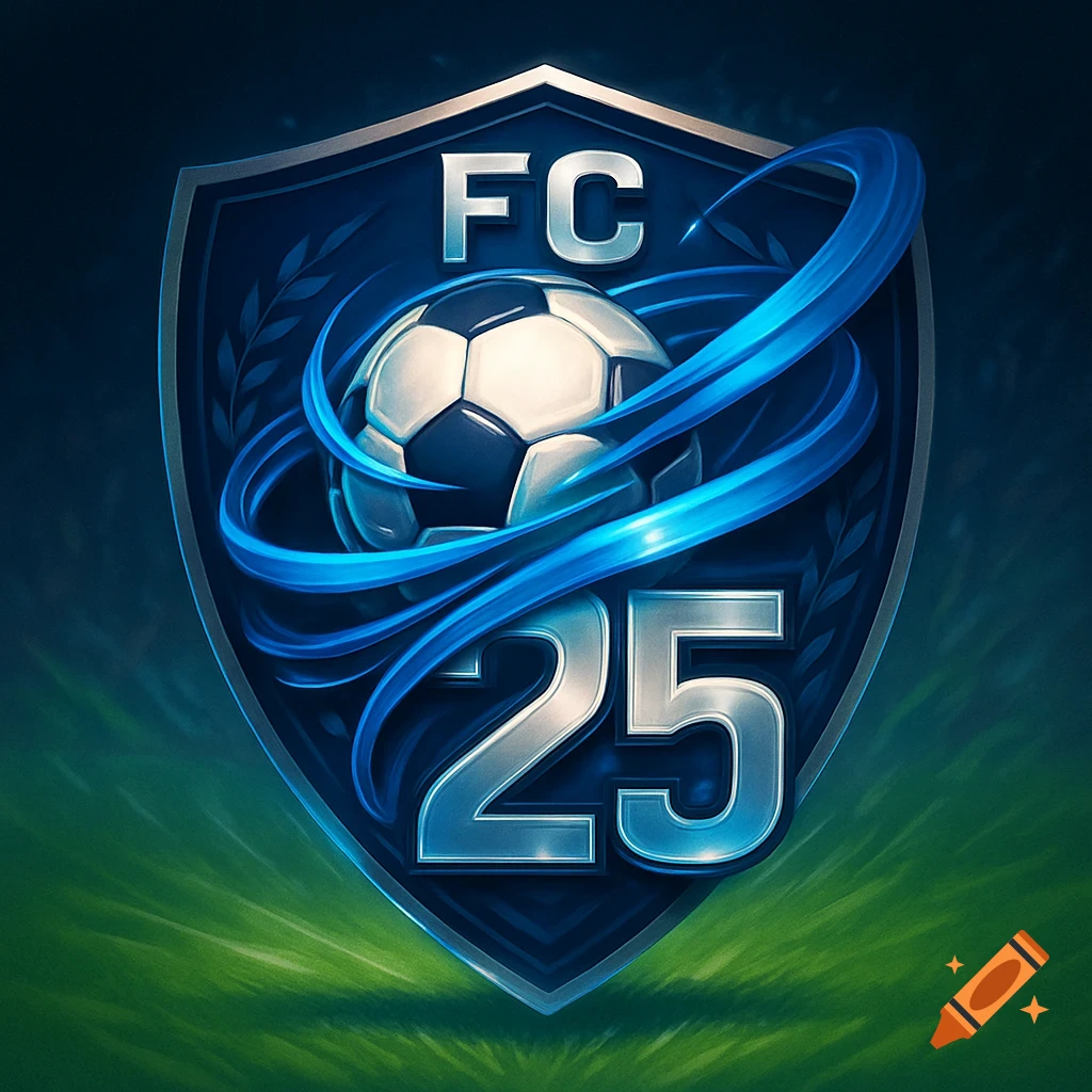 Metallic blue shield logo for FC 25 featuring a soccer ball and blue ribbons on a green field background.
