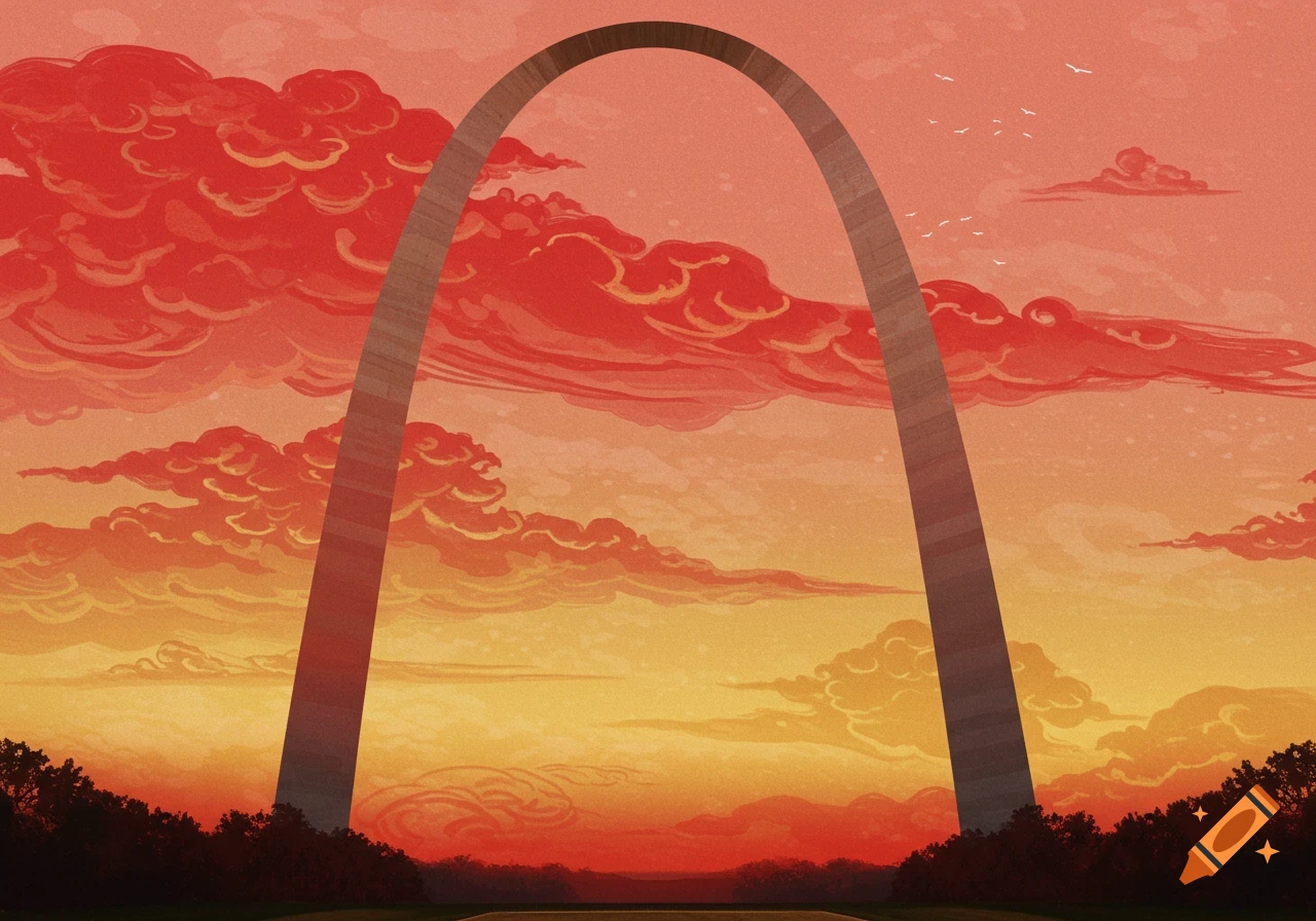 A stylized drawing of the St. Louis Gateway Arch against a red and gold sunset sky with clouds drawn like Japanese waves.